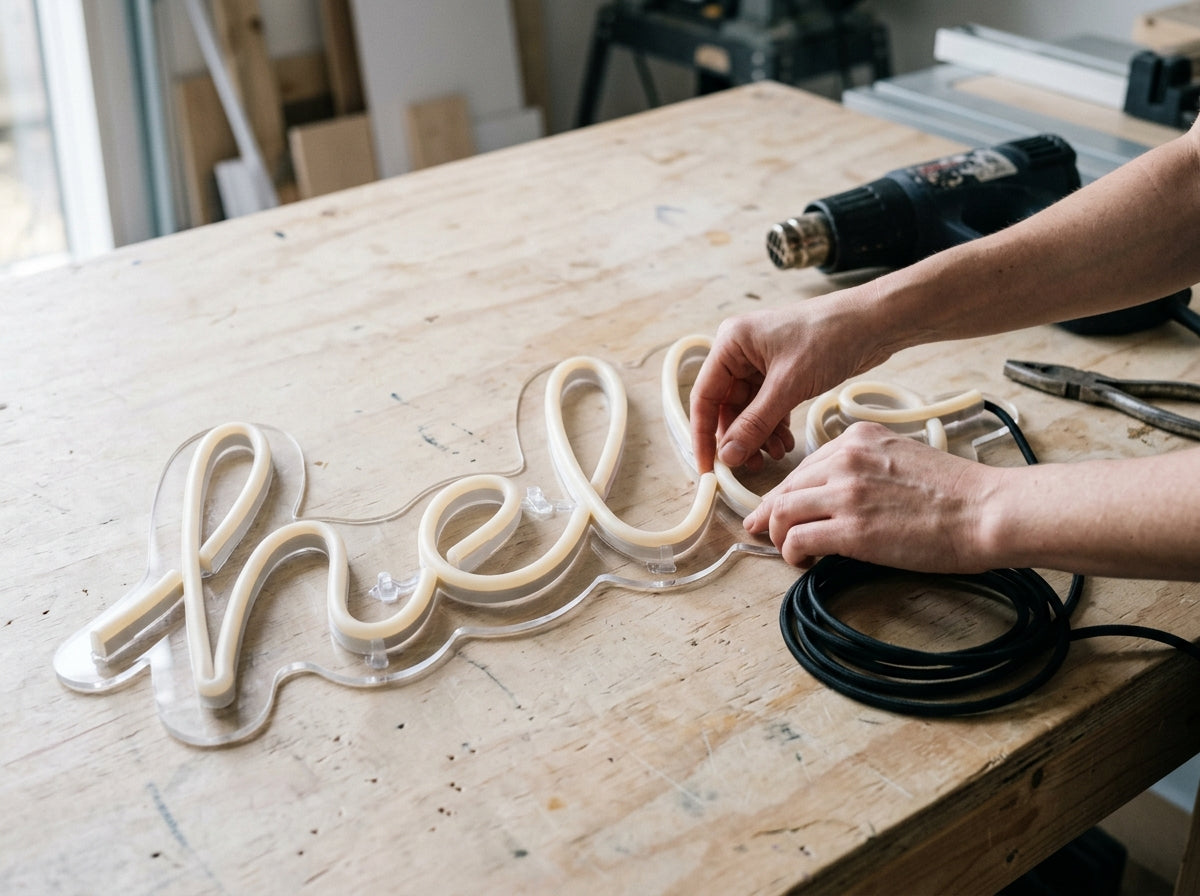 Le tube LED souple est cintré lettre par lettre, puis fixé sur l'acrylique découpé au contour.